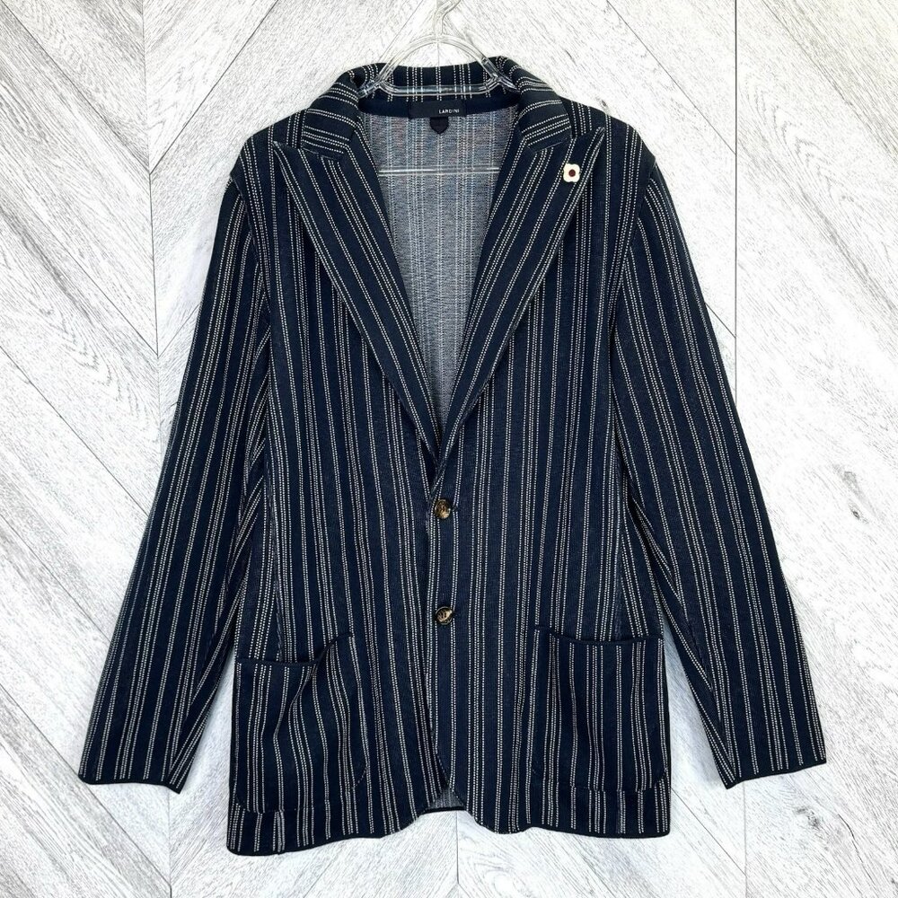 Lardini Blazer Mens Size Large Cotton Knit Stretch Navy Blue Striped Italy